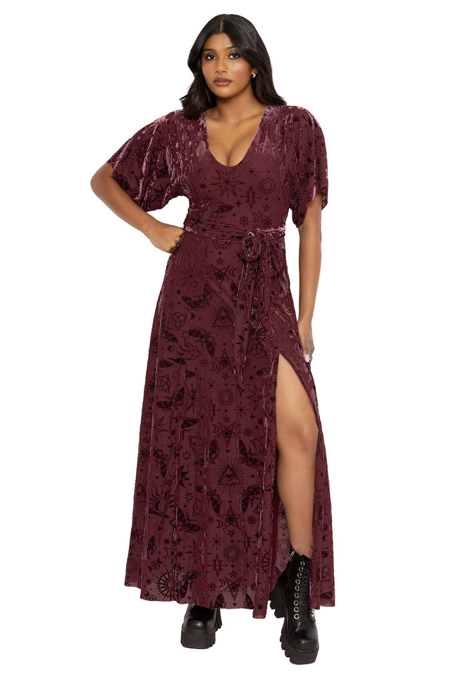 Spell Berry Burned Velvet Kimono Maxi Dress - Limited BlackMilk Clothing Spell Berry Burned Velvet Kimono Maxi Dress - Limited BlackMilk Clothing