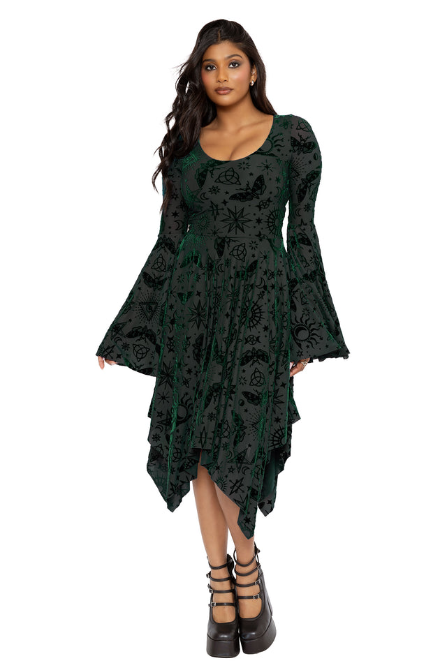 BlackMilk | Spell Pine Burned Velvet Spectre Handkerchief Dress | Green | S BlackMilk | Spell Pine Burned Velvet Spectre Handkerchief Dress | Green | S