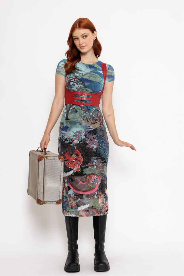 Blackmilk | Spirit of Mount Oyama Short Sleeve Bodycon Dress | Blue | XXL Blackmilk | Spirit of Mount Oyama Short Sleeve Bodycon Dress | Blue | XXL