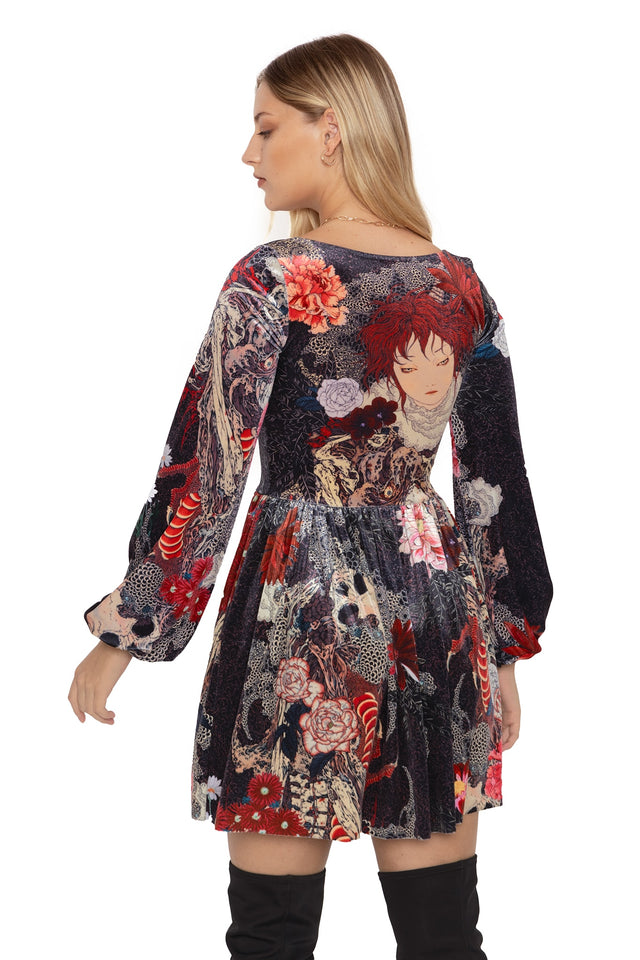 takato yamamoto spirit of the dragon velvet bishop sleeve skater dress back  