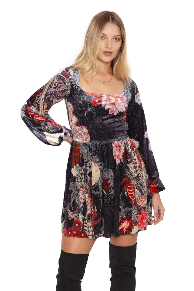 takato yamamoto spirit of the dragon velvet bishop sleeve skater dress front