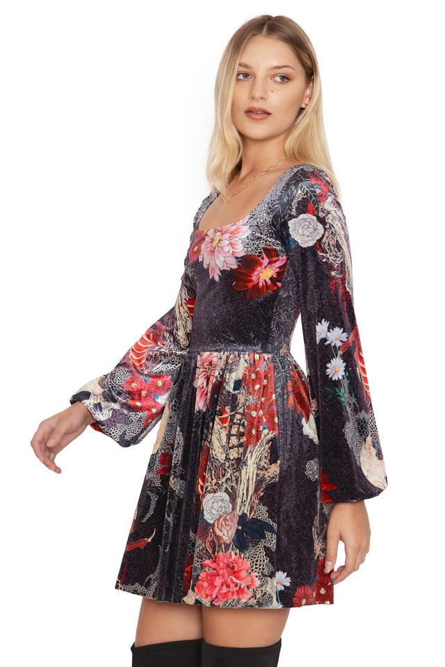 BlackMilk Clothing - Takato Yamamoto Spirit Of The Dragon Velvet Bishop Sleeve Skater Dress