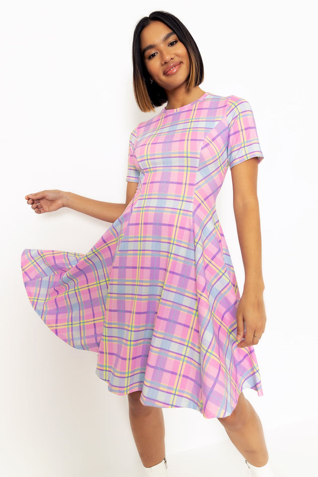Tartan Candy Longline Evil Tee Dress featuring a colourful tartan print, relaxed oversized fit and comfortable longline silhouette, perfect for casual outfits, everyday wear and alternative fashion.