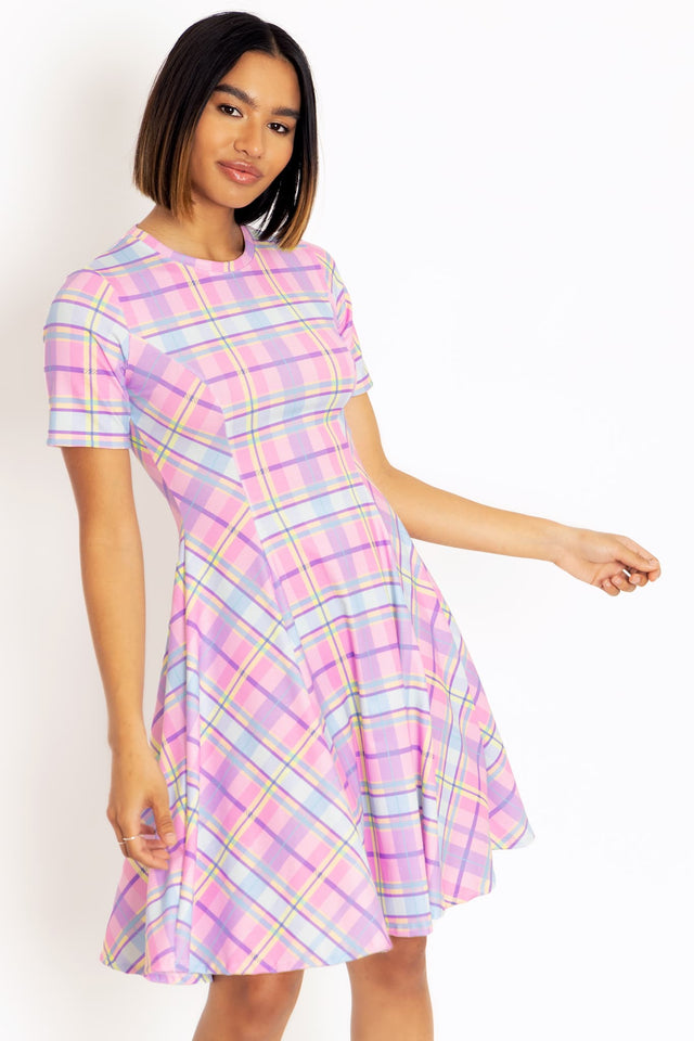 Tartan print Evil Tee Dress with relaxed silhouette, combining statement style and all-day comfort for casual fashion, travel and weekend wear.