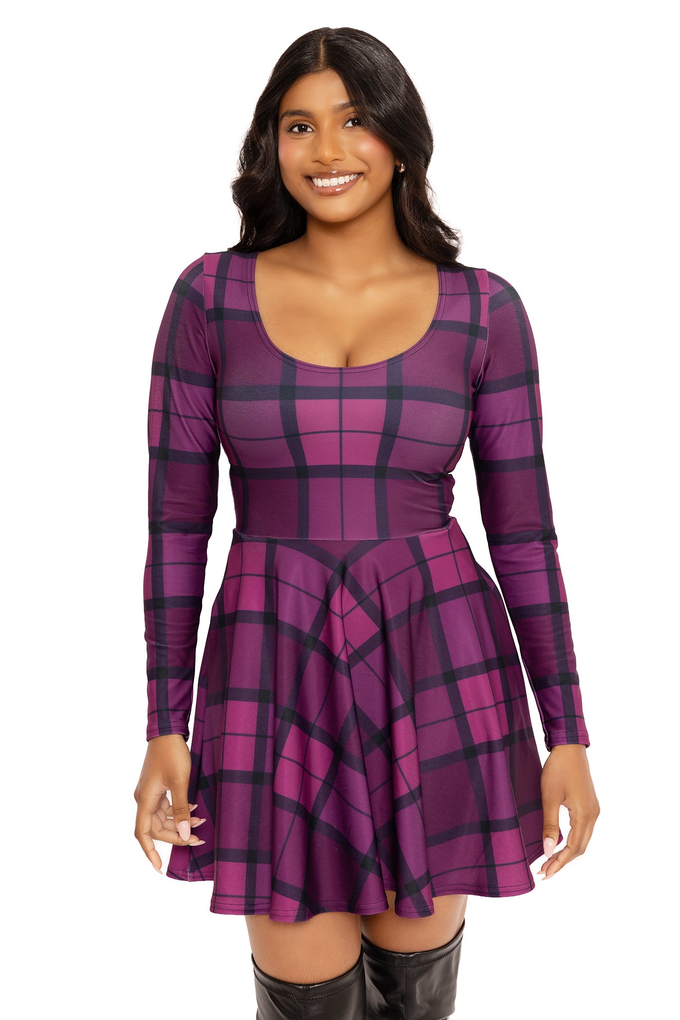 long sleeve tartan dress Fuchsia Toastie Skater Dress-BlackMilk Color:Pink* Sweet Love Flared Satin Ballgown Dresses cuff sleeves above a