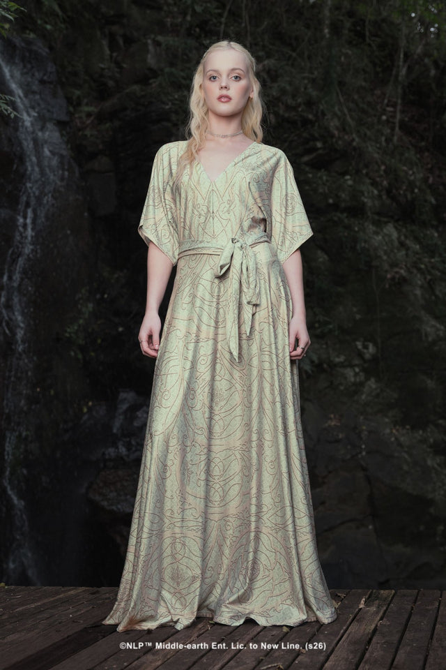 BlackMilk x The Lord of the Rings Elves of Middle-Earth Maxi Dress in sage green, featuring intricate Elvish filigree print inspired by Legolas and the Elves of Middle-earth.