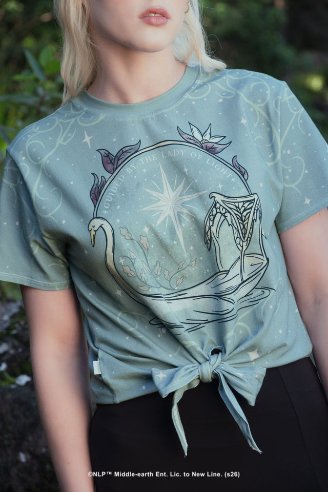 BlackMilk x The Lord of the Rings Lady of Light Cotton Tie Front Tee in celestial blue, inspired by Galadriel with a silver swan and star print.
