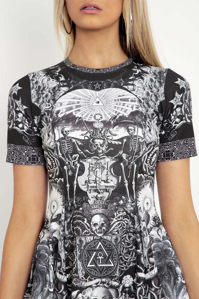 Oversized gothic tee dress with Til Death Do Us Part print, designed for effortless comfort and statement styling with boots, sneakers and layered looks.