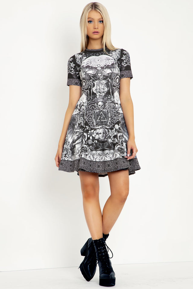 Alternative longline T-shirt dress featuring gothic romance artwork, combining statement style and all-day comfort for casual fashion and weekend outfits.