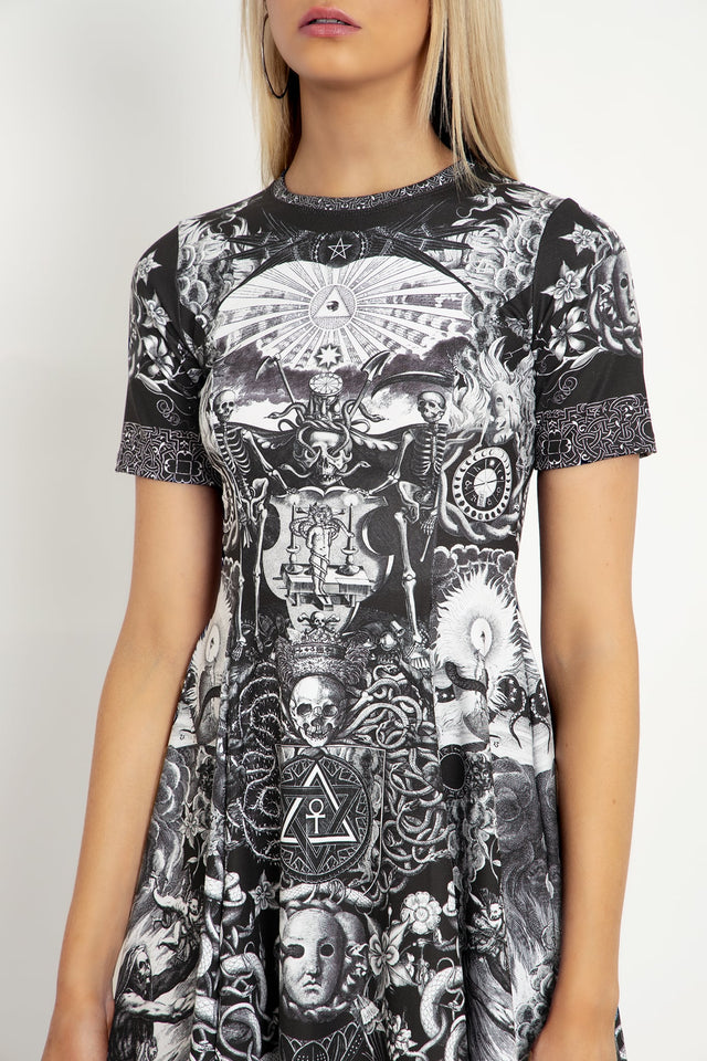 Women's longline graphic tee dress with relaxed silhouette, ideal for alternative streetwear, casual wear and comfortable off-duty fashion.