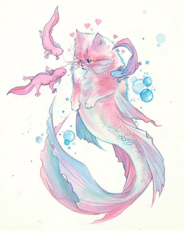 Fantasy illustration of a cat with a mermaid tail and axolotl-like creatures on a light background.