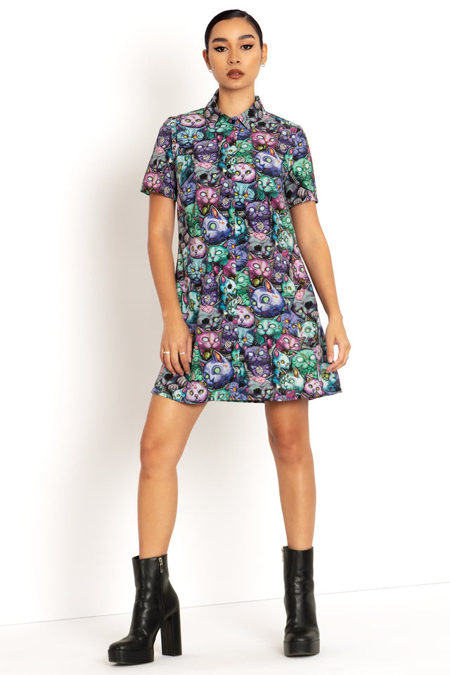 Zombie Catpocalypse Short Sleeve Shirt Dress