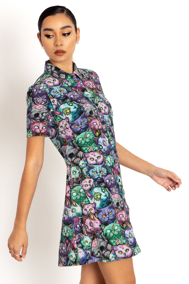 Zombie Catpocalypse Short Sleeve Shirt Dress