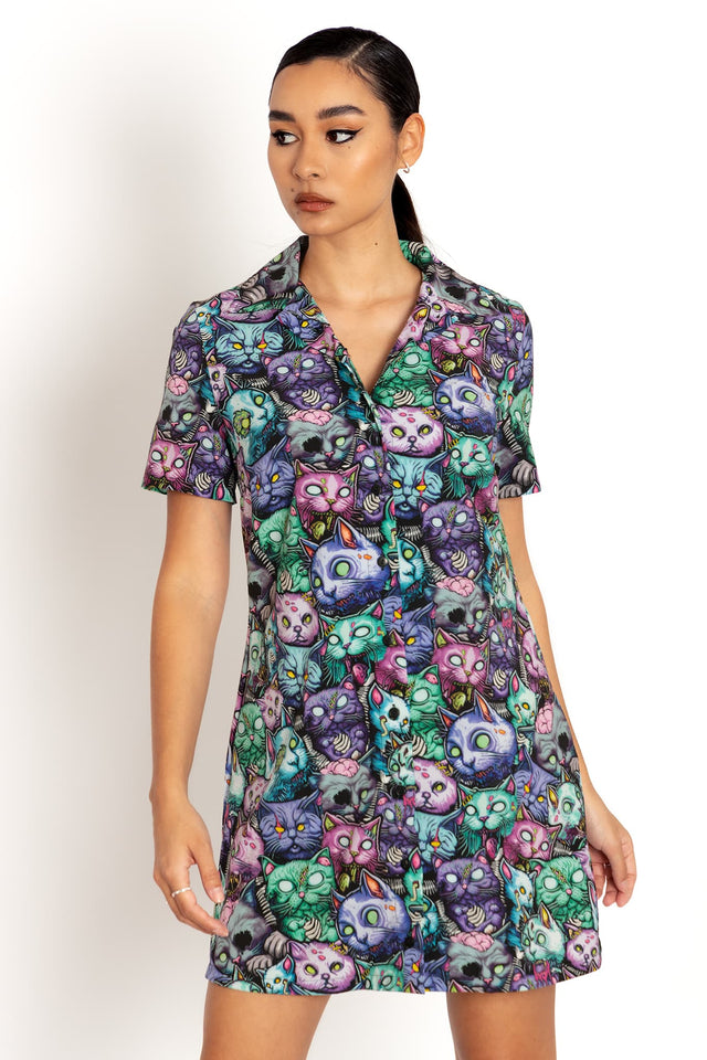 Zombie Catpocalypse Short Sleeve Shirt Dress