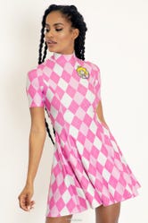 Princess Peach Argyle Short Sleeve Evil Mini Skater Dress