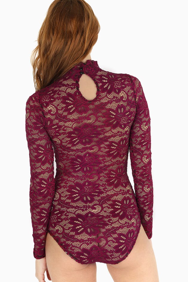 Wine Lace Long Sleeve Bodysuit - Limited