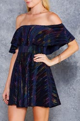 Rainbow Pleats Velvet Off The Shoulder Dress
