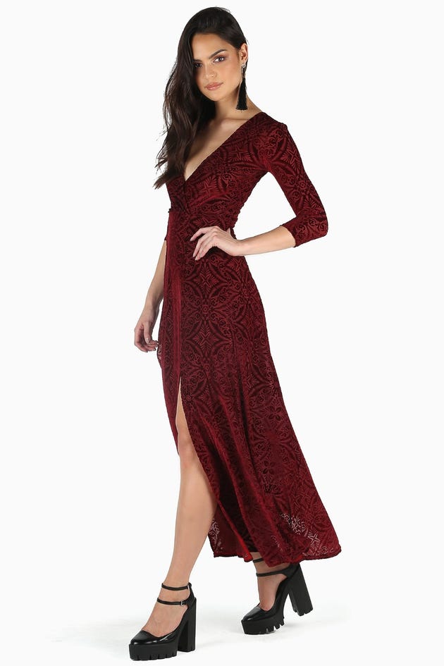Burned Velvet Wine 3/4 Sleeve Wrap Maxi Dress