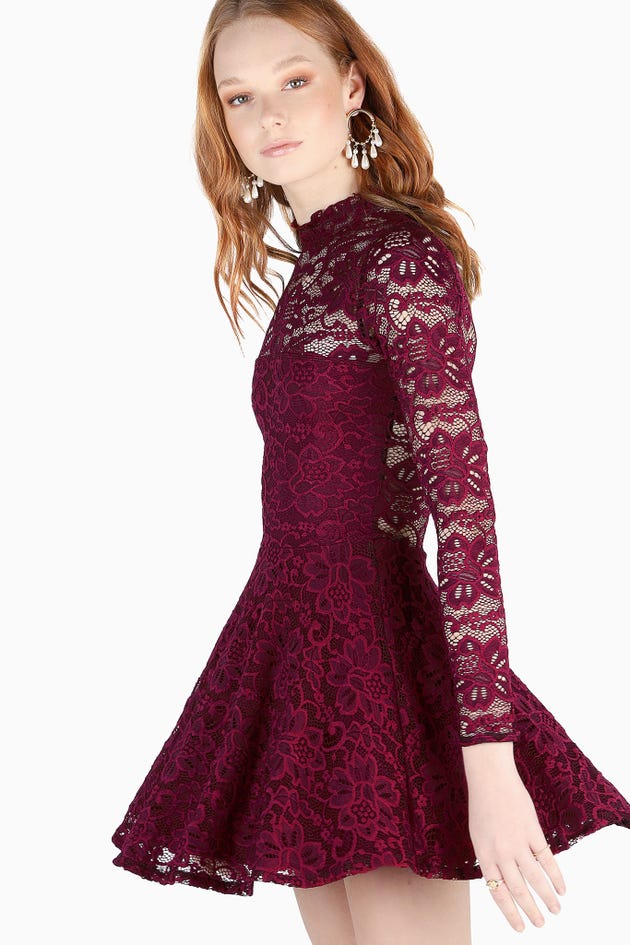 Wine Lace Long Sleeve Dress