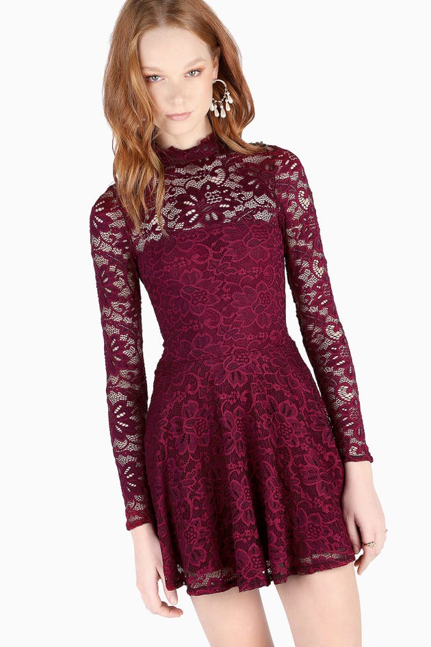 Wine Lace Long Sleeve Dress - Limited