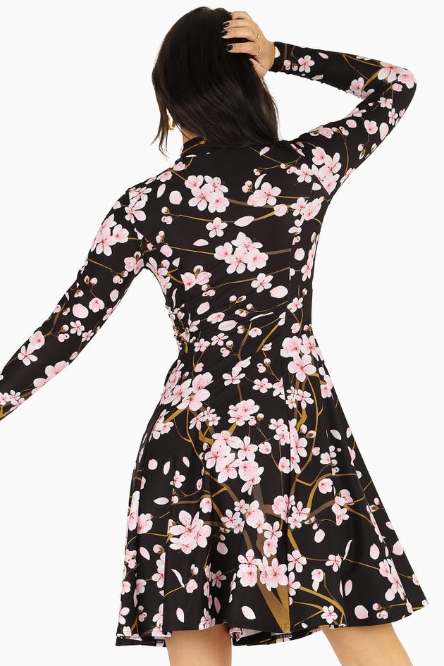 Cherry Blossom Black Long Sleeve Evil Longline Dress