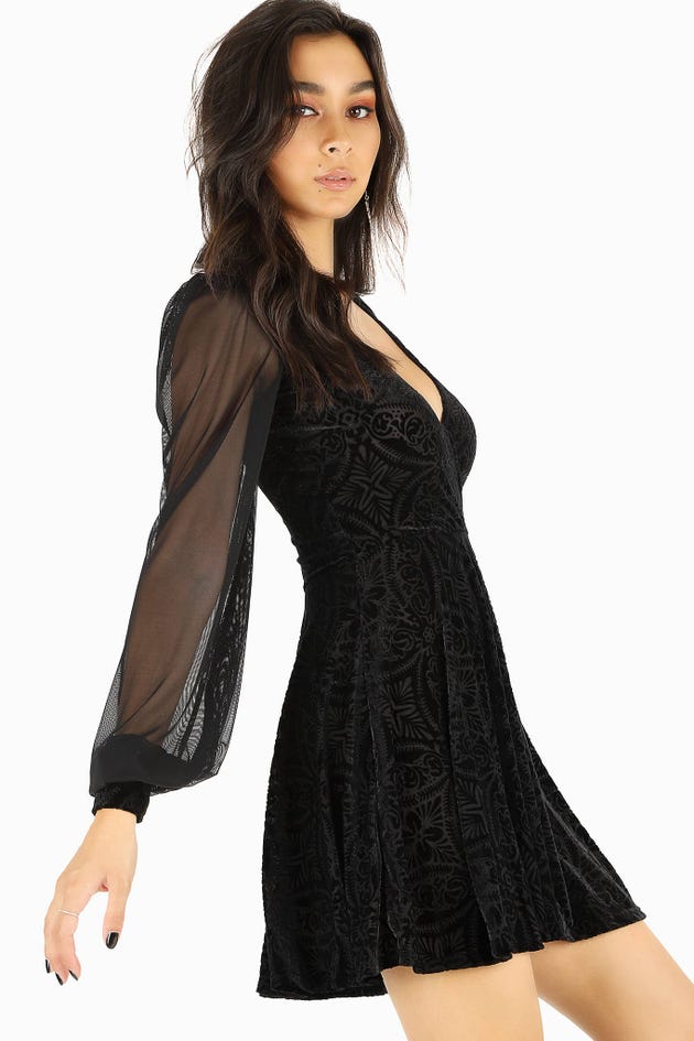 Burned Velvet Black Sheer Romance Dress - Limited