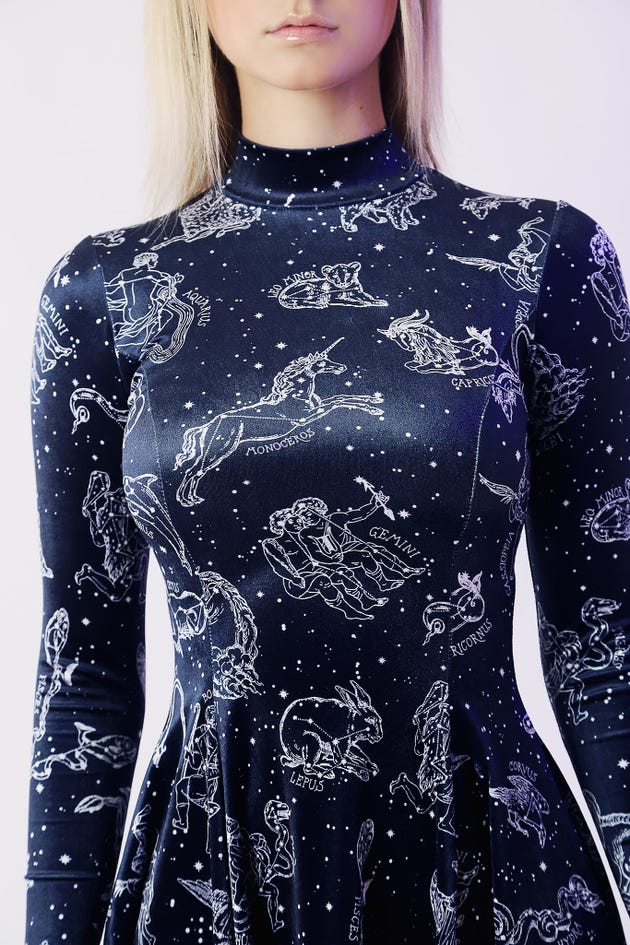 Constellations Velvet Long Sleeve Evil Mini Skater Dress