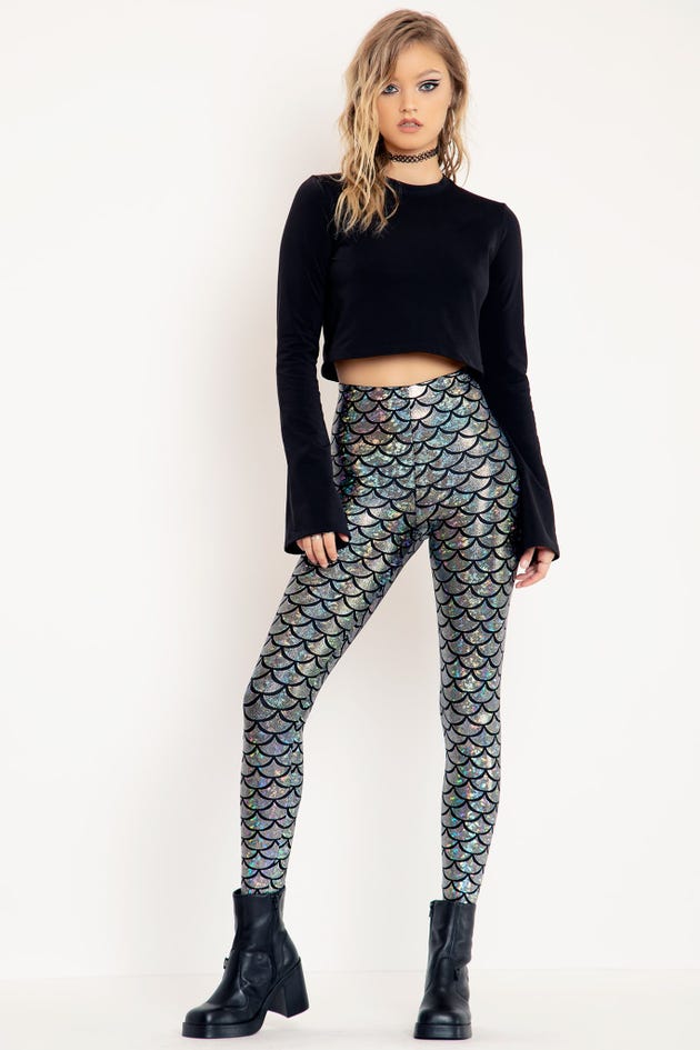 Silver on Black Holographic Small Scale Mermaid Leggings, Pocket