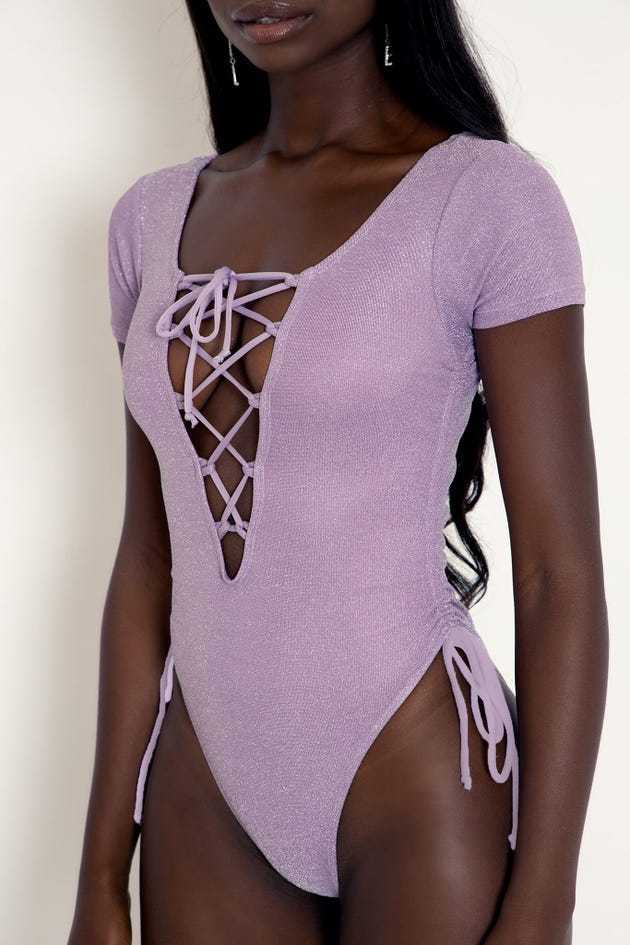 Pool Party Lilac Lace Up Cap Sleeve Swimsuit