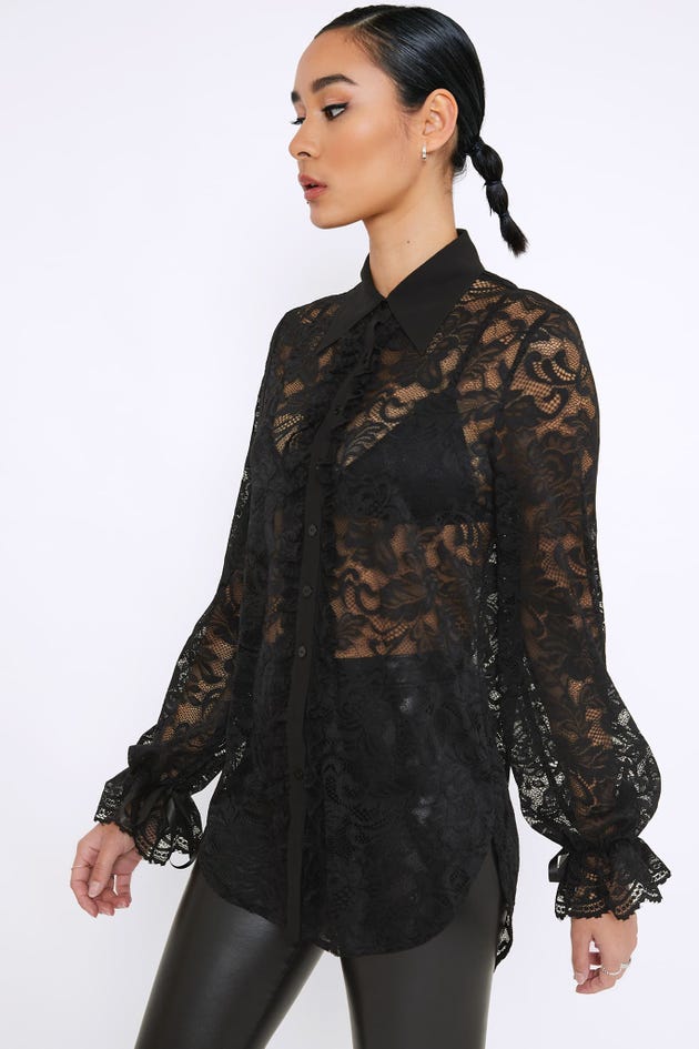 Black Lace Button Up Top - Limited