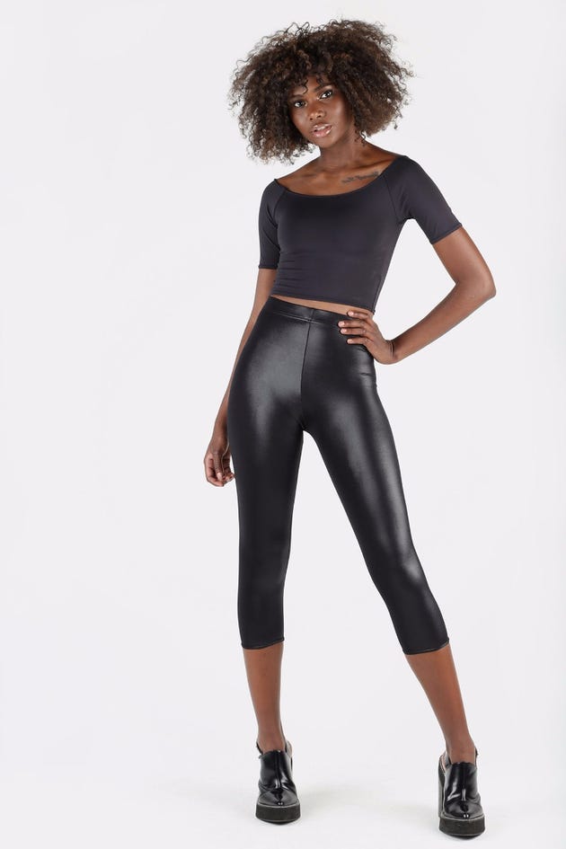 Wet Look High Waisted 3/4 Leggings - Limited