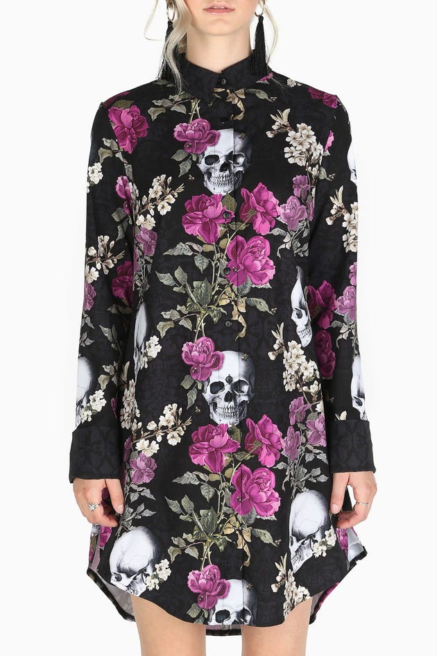 Skull Bouquet Long Sleeve Business Time Shirt Dress