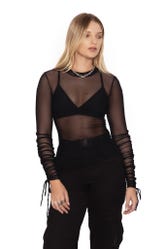 Sheer High Neck Long Sleeve Ruched Top