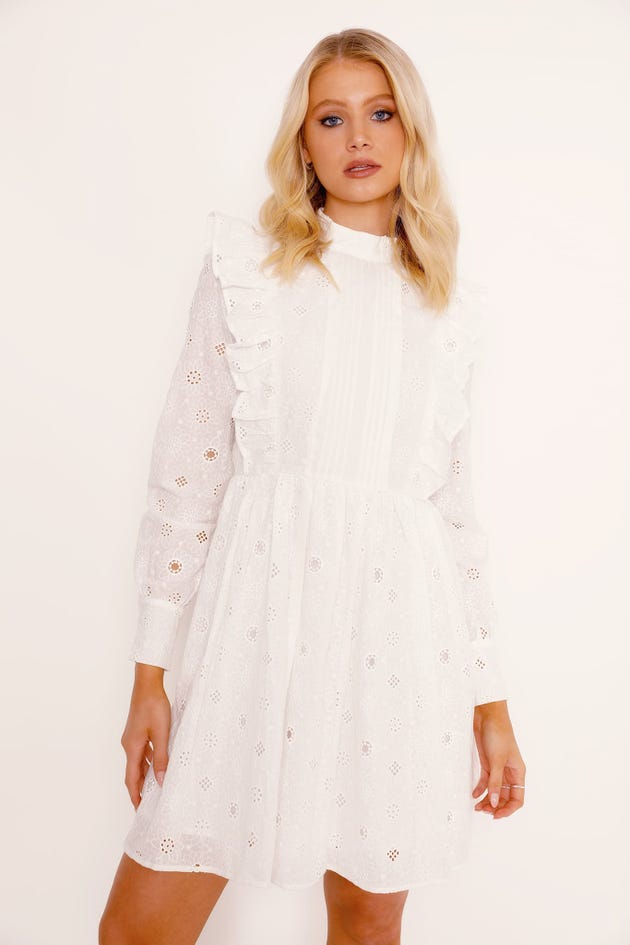 Broderie Anglaise White Long Frill Sleeve Dress - Limited