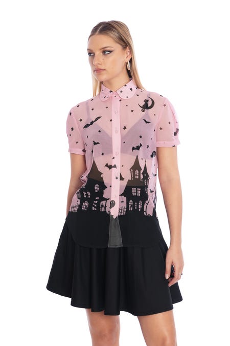 House Of Haunts Puff Sleeve Cute As A Button Shirt