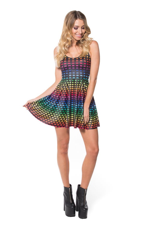 Rainbow Space Invaders Scoop Skater Dress