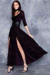 Burned Velvet Aubergine Long Sleeve Maxi Dress