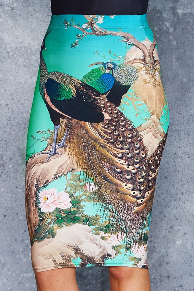 Peacocks In Spring Midi Pencil Skirt
