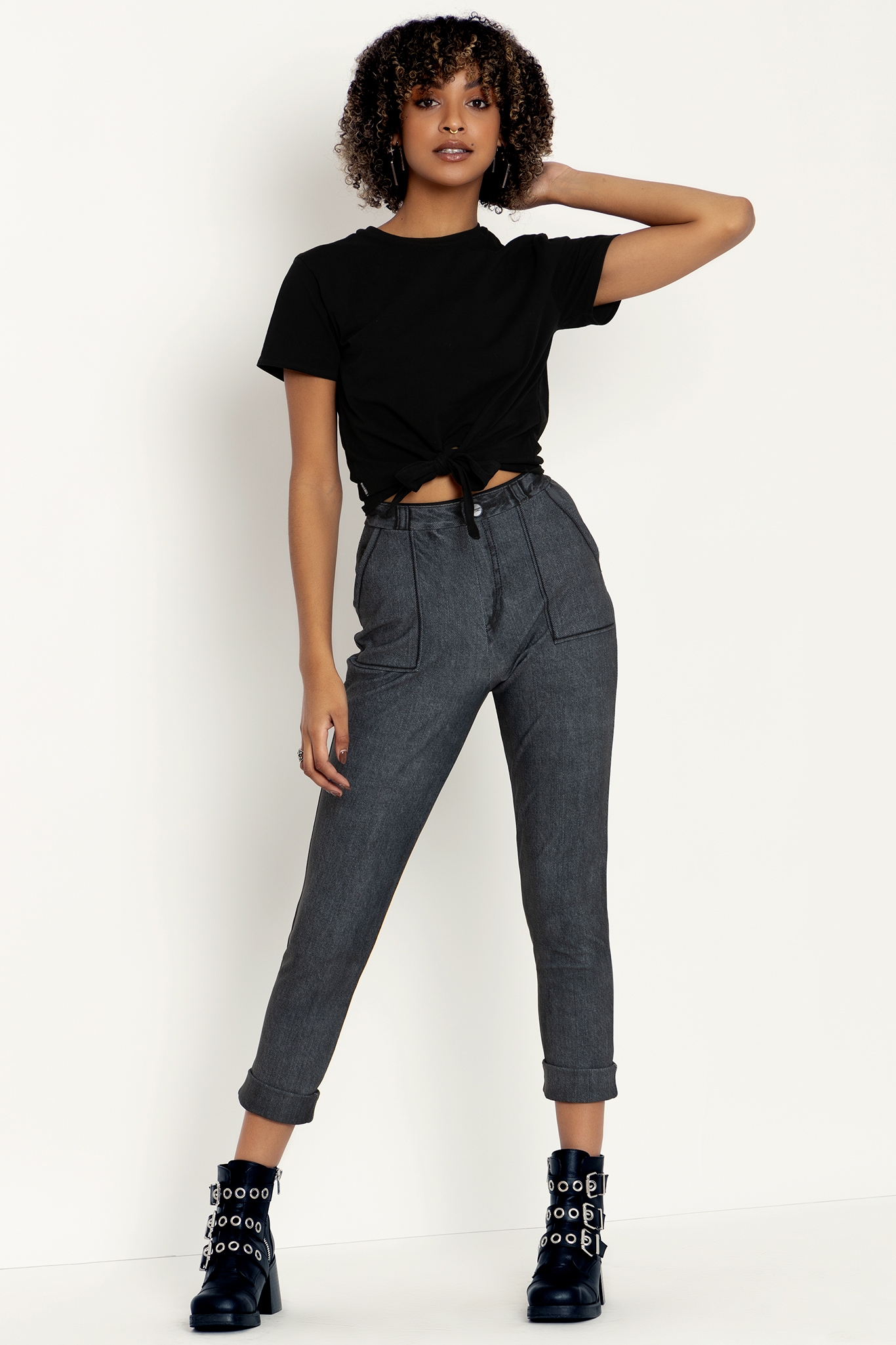 Cropped Belted Paperbag Chambray Pants | boohoo