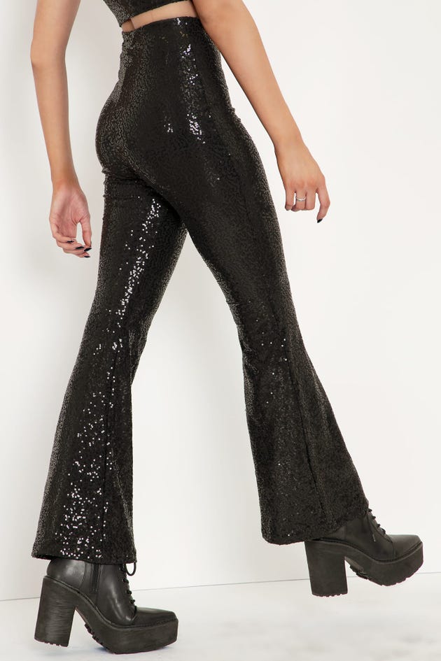 Sparkle Sparkle Black Sequin HW Flare Pants - Limited