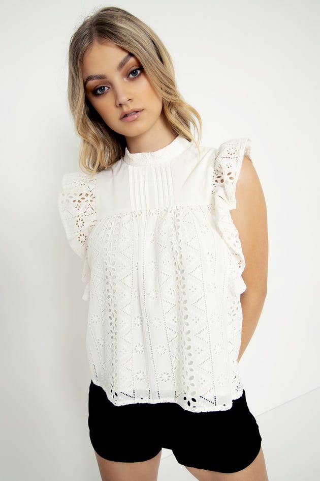 Broderie Anglaise White Frill Sleeve Top