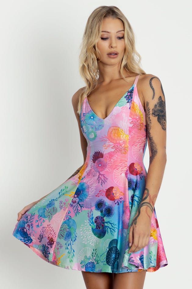 Floral Coral Rainbow Mini Strappy Dress - Limited