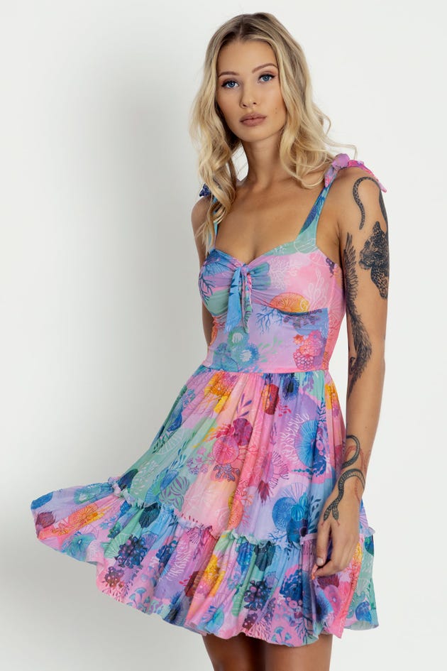 Floral Coral Rainbow Sweet Tie Short Dress