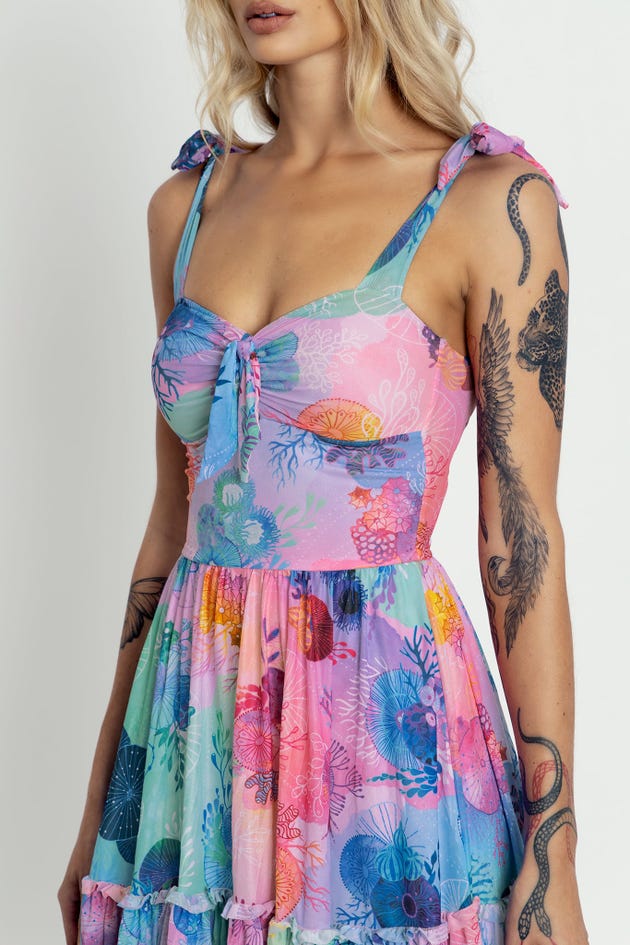 Floral Coral Rainbow Sweet Tie Short Dress