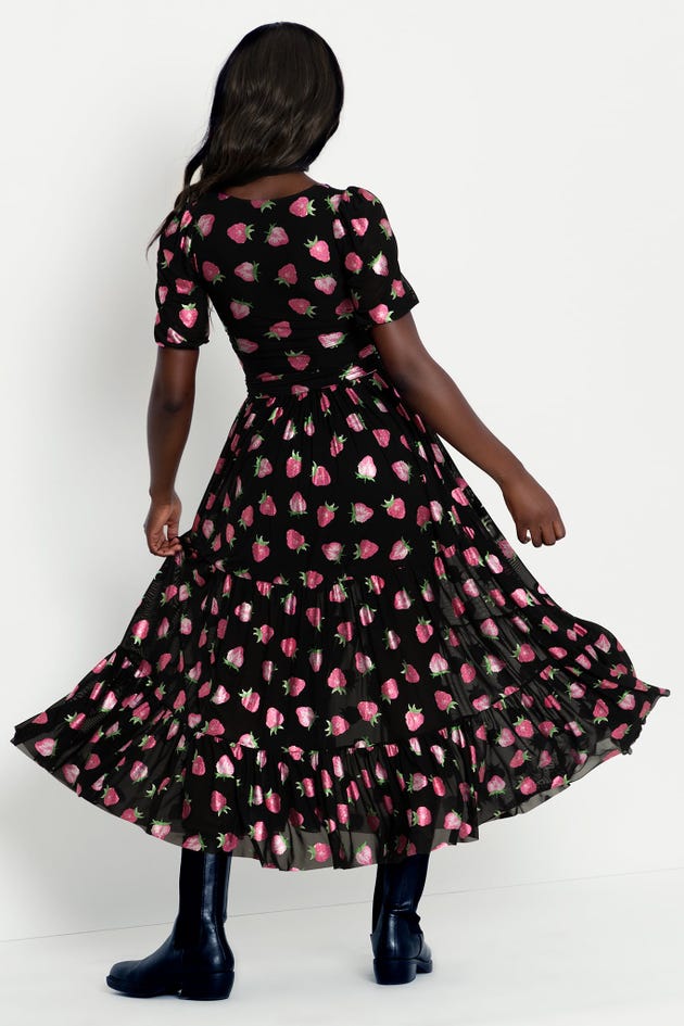 Strawberries Black Wrap Midaxi Dress