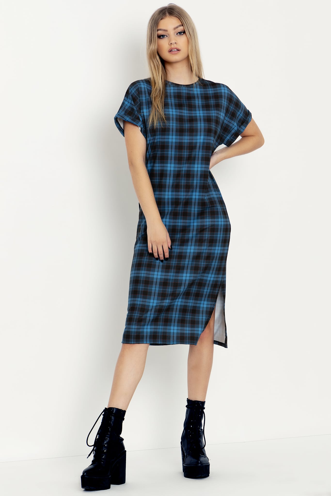 Tartan Grunge Blue Midi Tee Dress - Limited