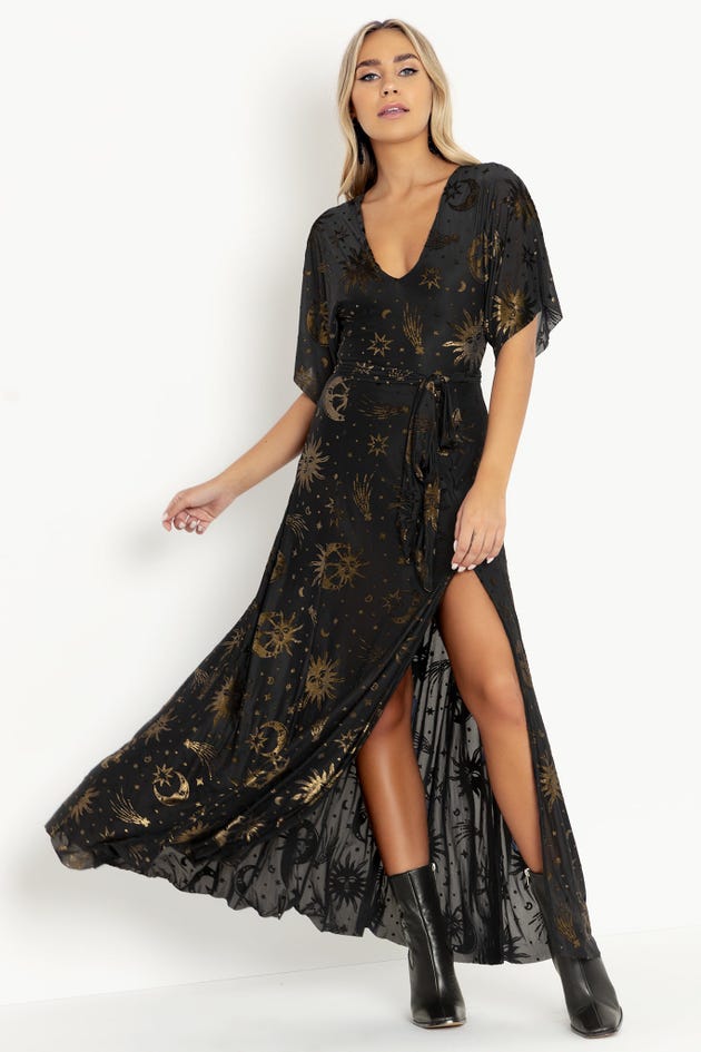 Burned Velvet Sun And Moon Gold Kimono Maxi Dress - Limited