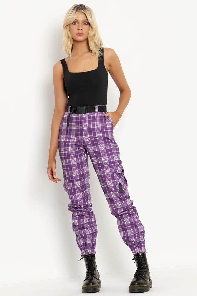 Purple Plaid Pants With Detachable Chain
