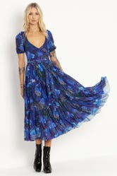 Floral Coral Blue Wrap Midaxi Dress
