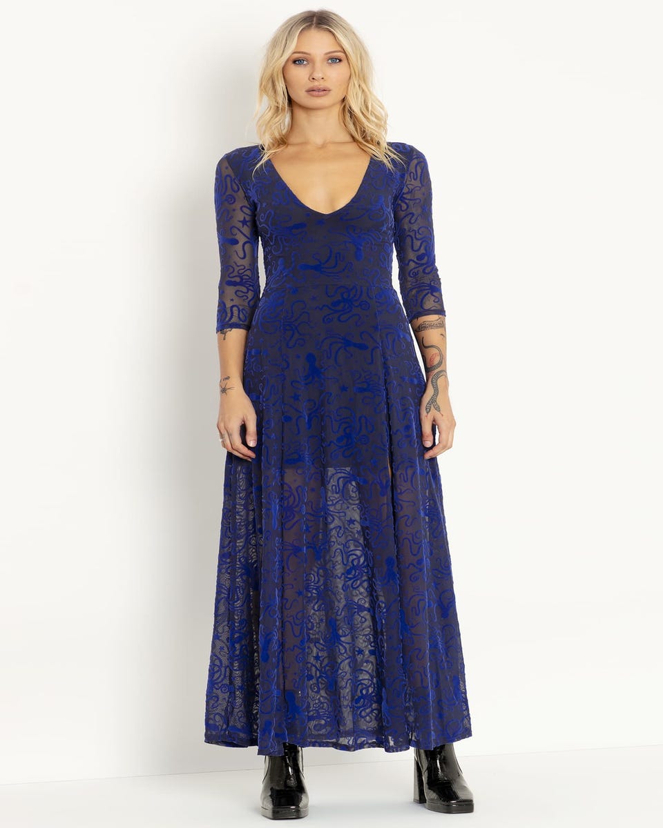 Flocktapus Blue 3/4 Sleeve Split Maxi Dress - Limited
